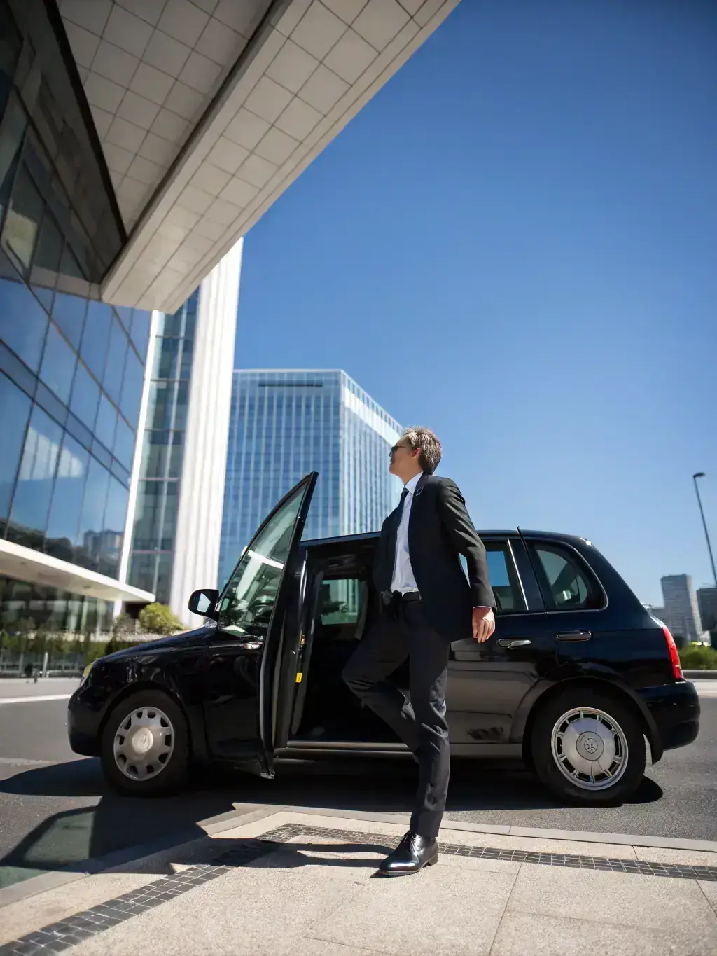 A professional-looking executive stepping out of a luxury Mercedes sedan in front of a modern office building in Tel Aviv. The image should convey sophistication and reliability.