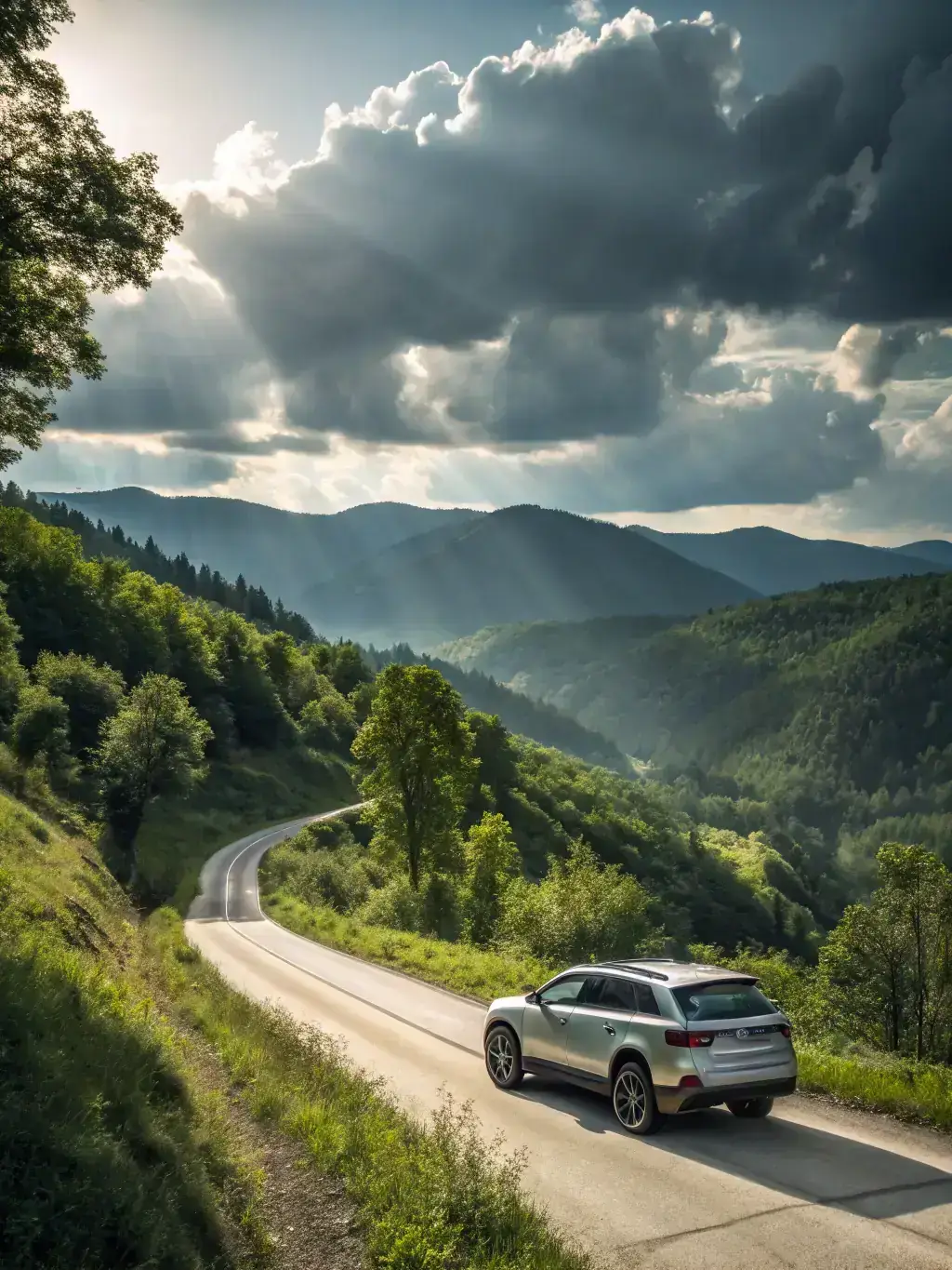 A dynamic shot of a luxury SUV, such as a Range Rover, driving along the scenic roads of Israel, with the landscape visible in the background. The image should convey a sense of adventure and versatility.