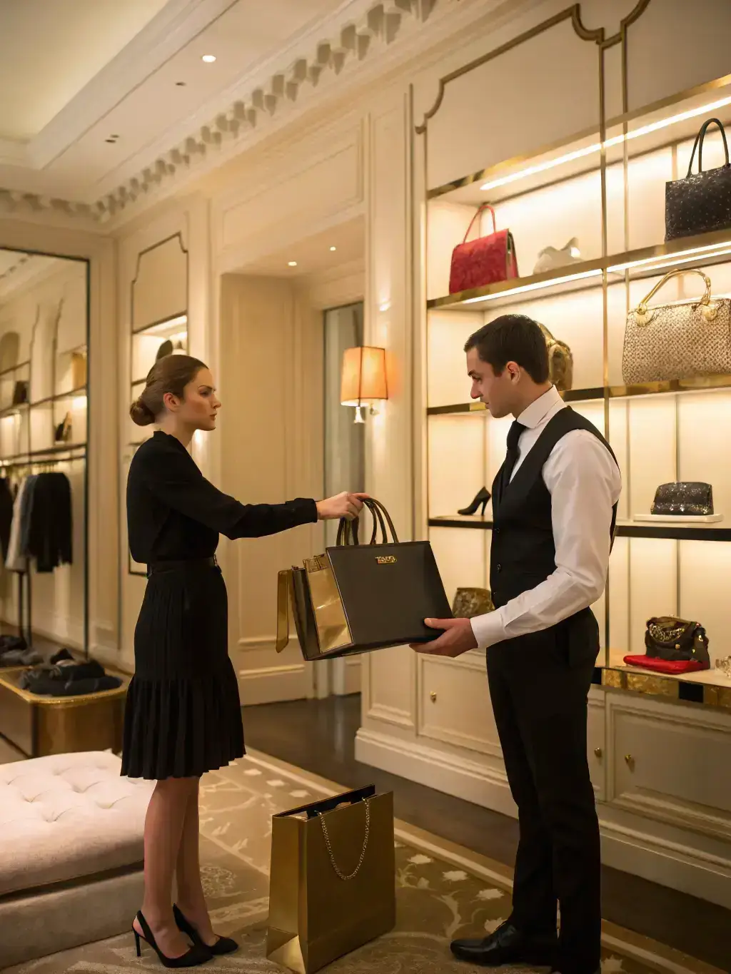 A concierge fulfilling a special request for a VIP client, such as arranging a private shopping experience or securing tickets to a sold-out event.