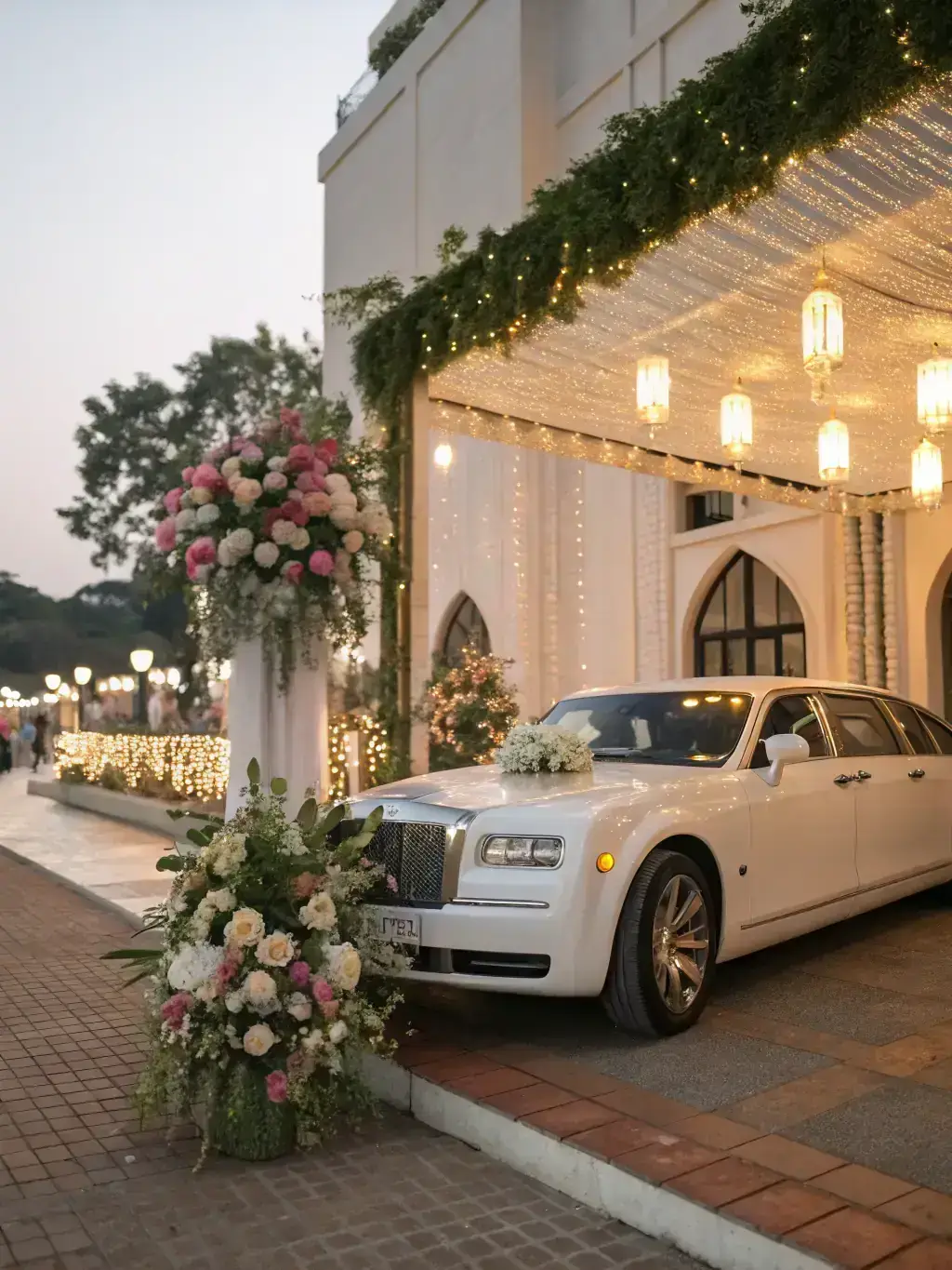 A beautifully decorated luxury car, such as a vintage Rolls Royce or modern Mercedes, at the entrance of a wedding venue in Tel Aviv. The scene should evoke elegance and romance.