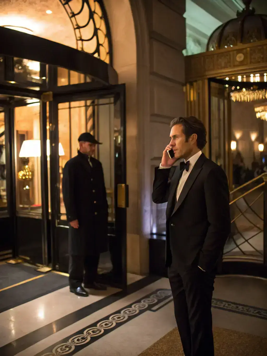 A concierge making a restaurant reservation over the phone, emphasizing efficiency and access to exclusive dining experiences.