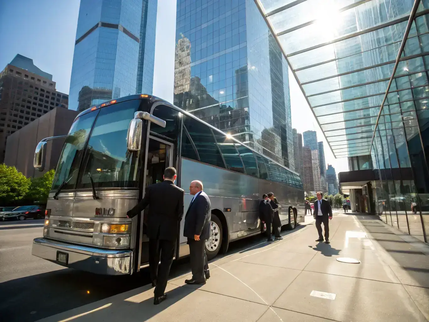 A modern and elegant luxury minibus, possibly a Mercedes Sprinter, transporting a group of business executives to a conference in Jerusalem, emphasizing DNS VIP's reliable group transportation services.