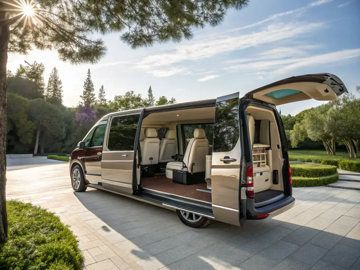 A spacious and luxurious Mercedes V-Class van with leather seats and ample legroom, parked near the Dead Sea, highlighting DNS VIP's commitment to comfortable group transportation.