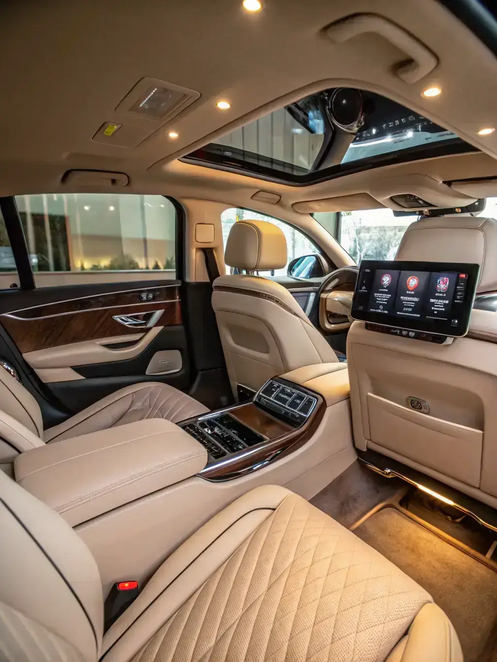 A high-quality, professionally lit interior shot of a Mercedes V-Class van, showcasing its spacious leather seating, ambient lighting, and climate control features. The image should convey luxury and comfort, suitable for VIP transportation.
