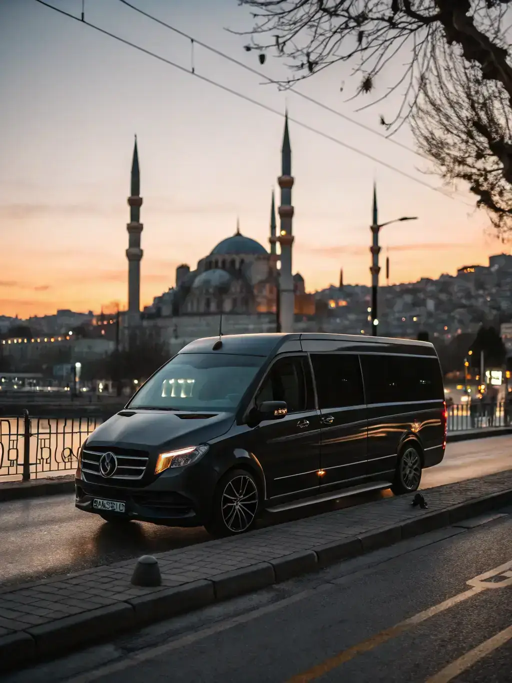 A sleek, black Mercedes minivan parked in front of Ben Gurion Airport, showcasing VIP airport transfer service. The image should convey luxury, efficiency, and punctuality.