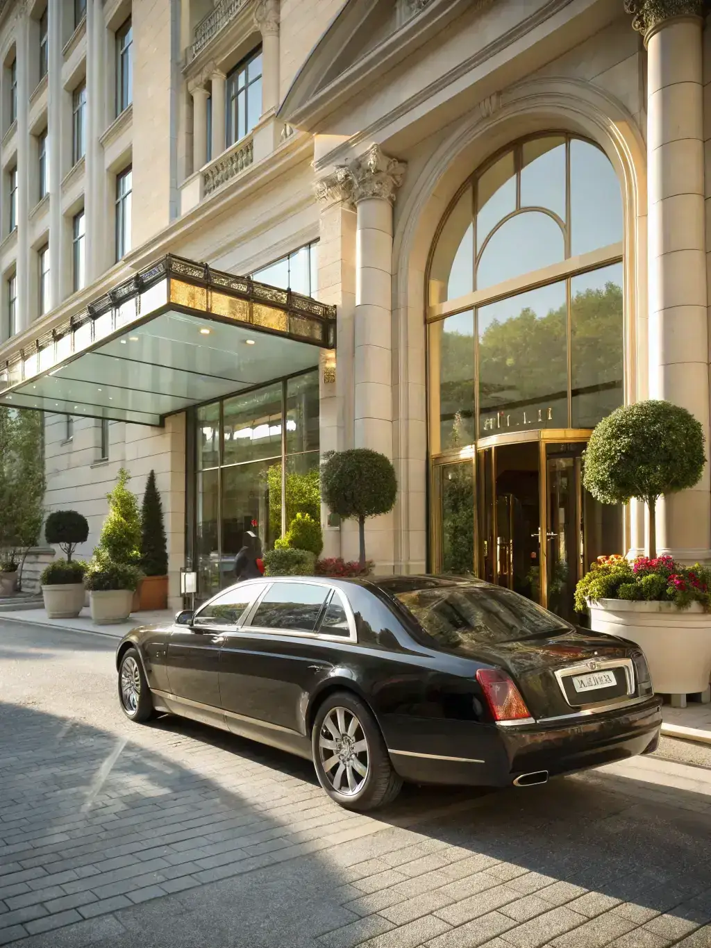A sleek, professional exterior shot of a black Mercedes S-Class sedan parked in front of a luxury hotel in Tel Aviv. The image should emphasize the car's elegant design and executive appeal.