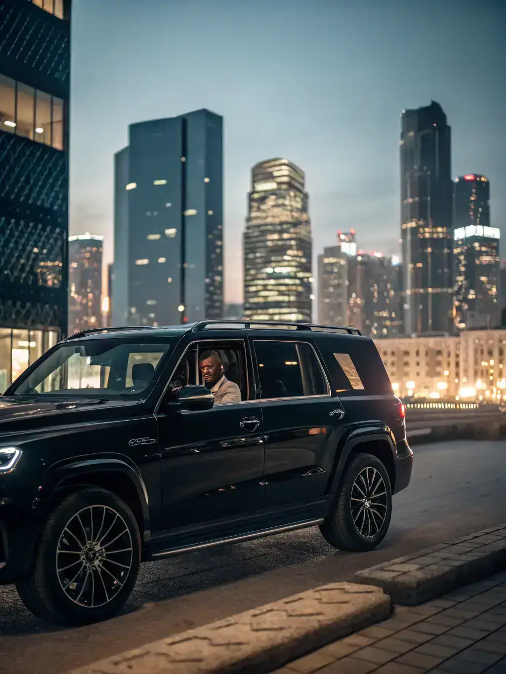 An image of a luxury vehicle with tinted windows parked discreetly outside a high-end hotel, emphasizing privacy and security.