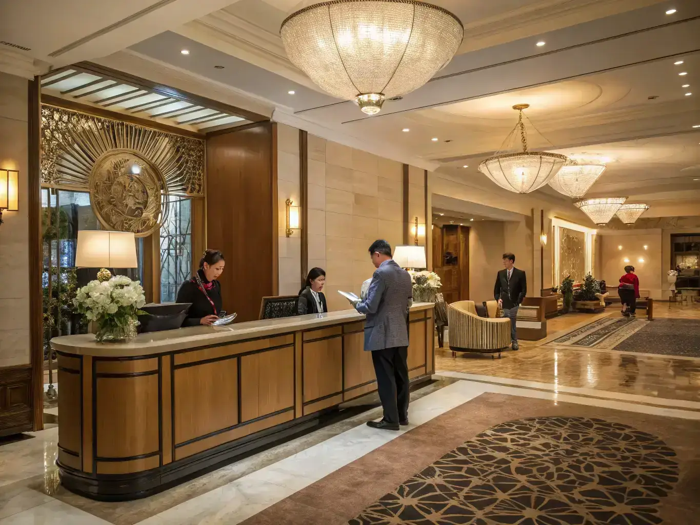 A concierge assisting a VIP client with hotel check-in, showcasing personalized service and attention to detail in a luxurious hotel lobby setting.