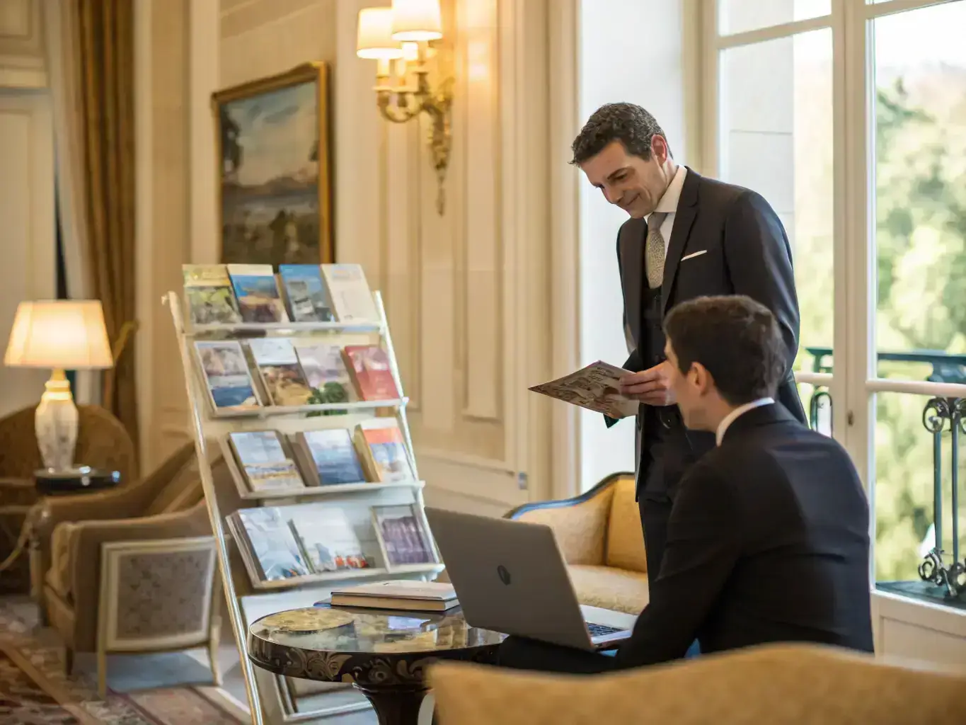 A concierge making a restaurant reservation over the phone, highlighting the efficiency and personalized service provided to VIP clients.